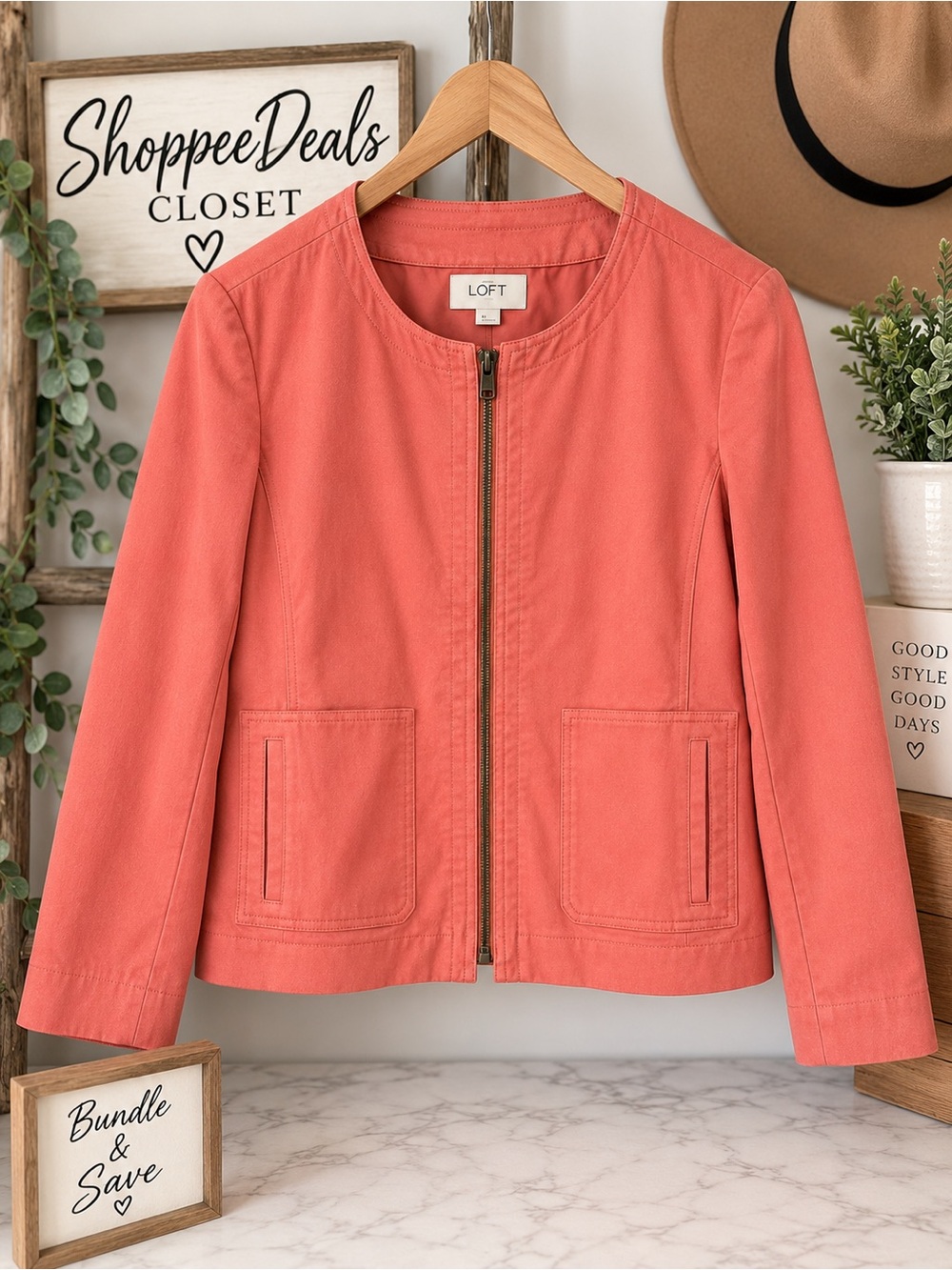 LOFT Coral Collarless Zip Front Jacket